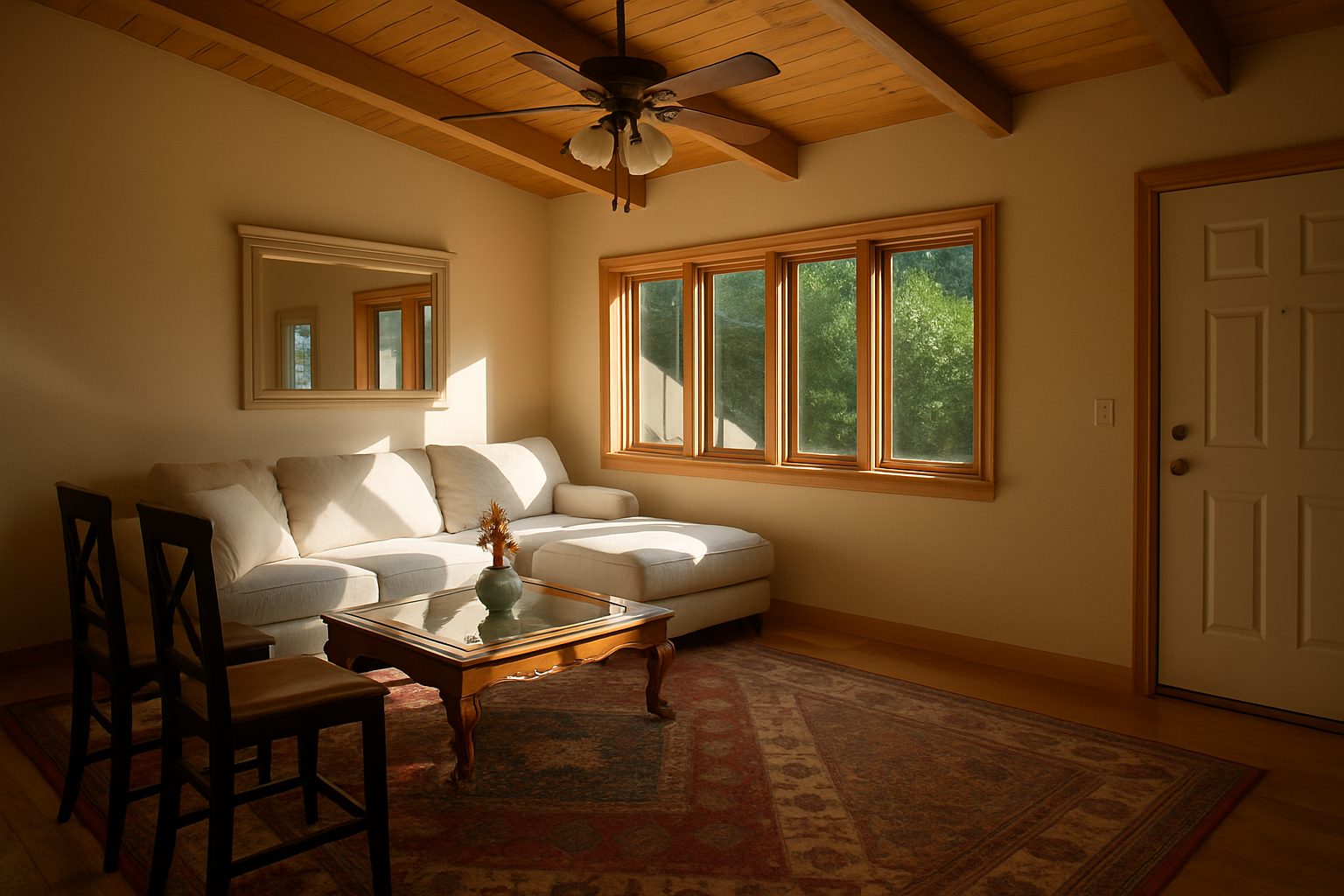 Comfortable living area with sectional sofa and large windows