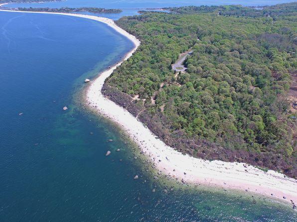 Spectacular aerial view of curved pristine beach surrounded by forest