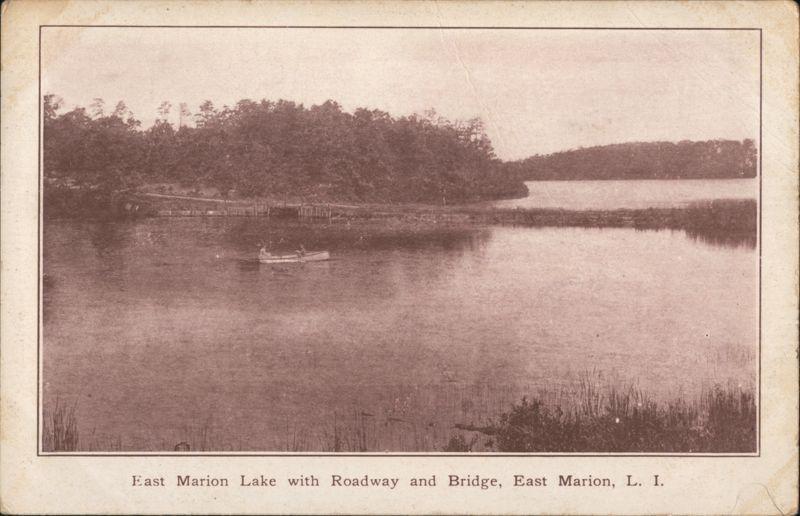 Vintage postcard of East Marion Lake with roadway and bridge from early 1900s