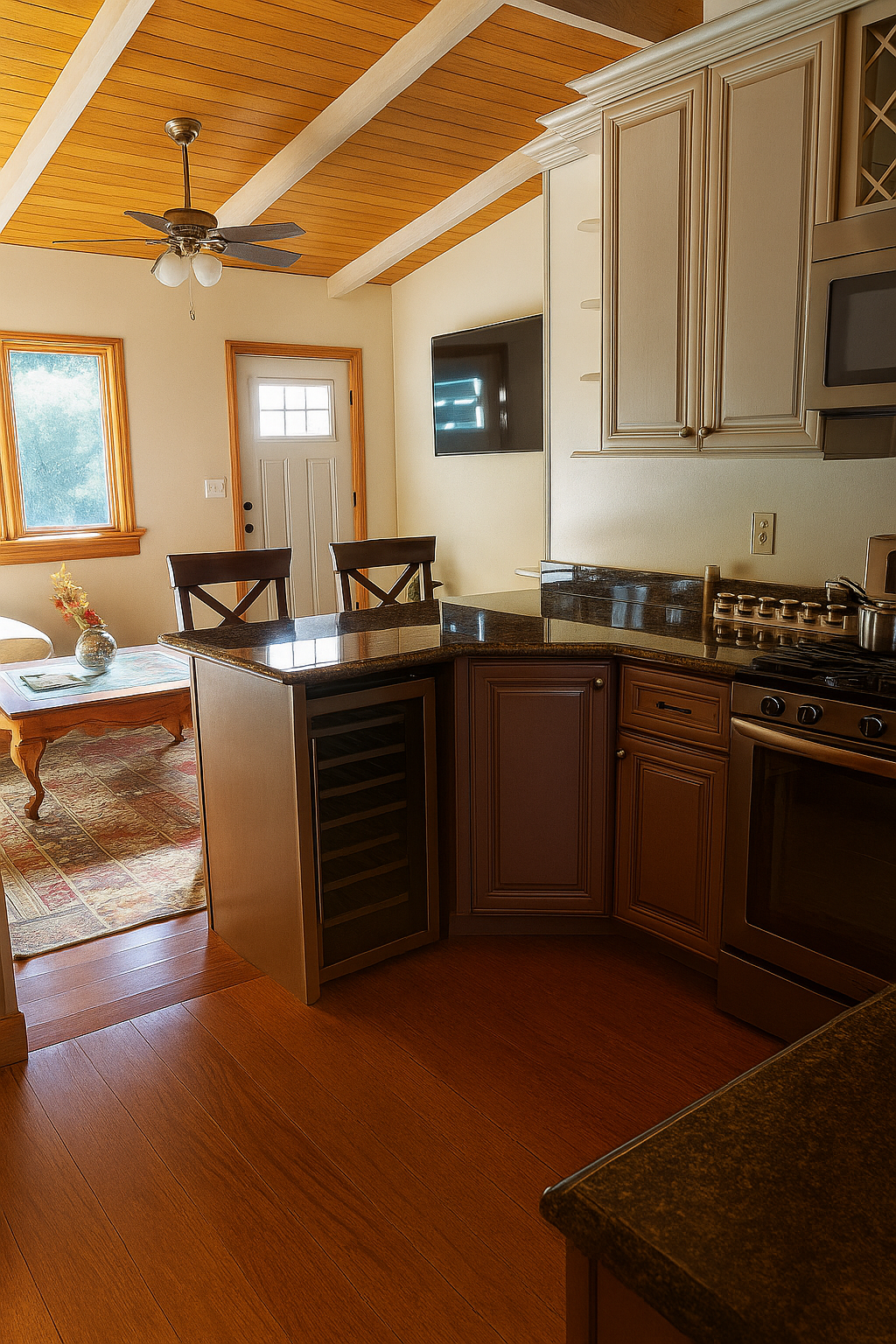 Kitchen with granite countertops and modern appliances