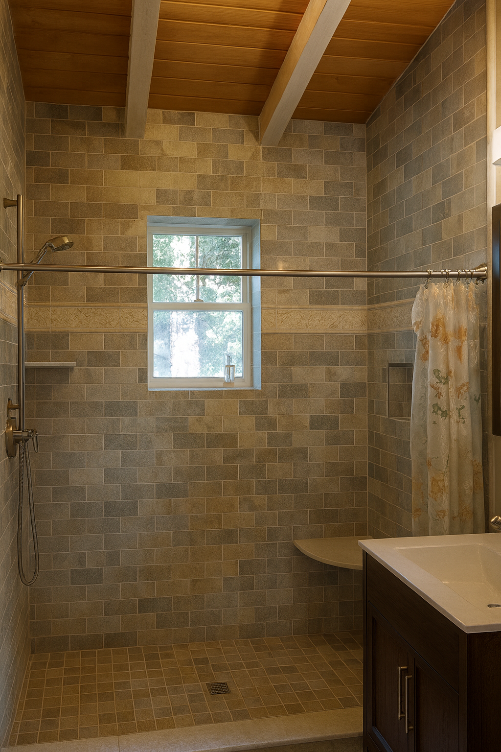 Luxury bathroom with natural stone tile and walk-in shower