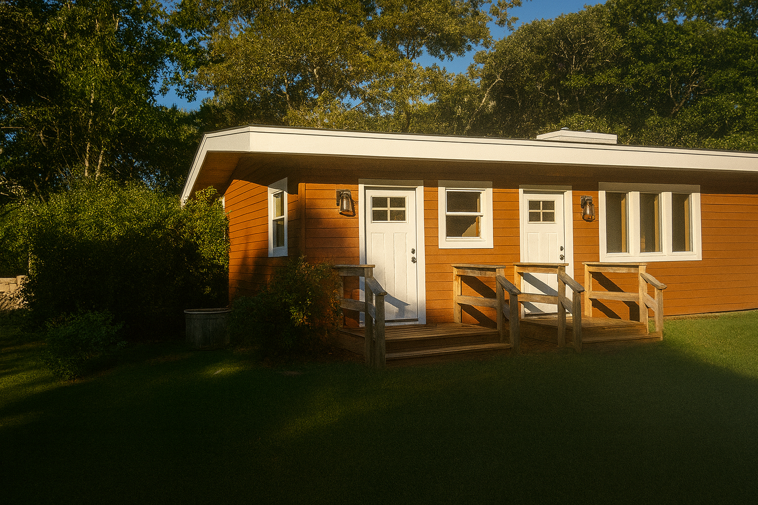 Cozee Cove Motel exterior with wood siding and front porch