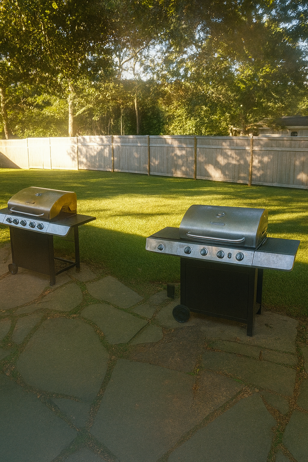 Outdoor BBQ area with gas grills on stone patio