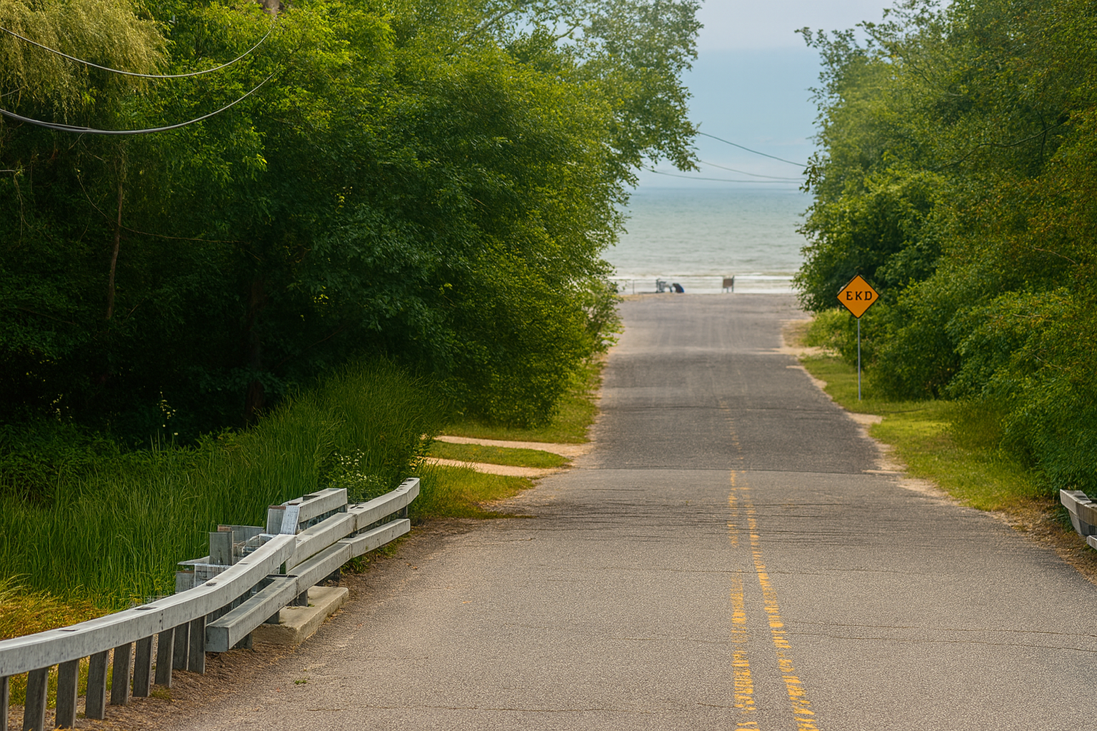 Scenic tree-lined road leading to the beach near Cozee Cove Motel