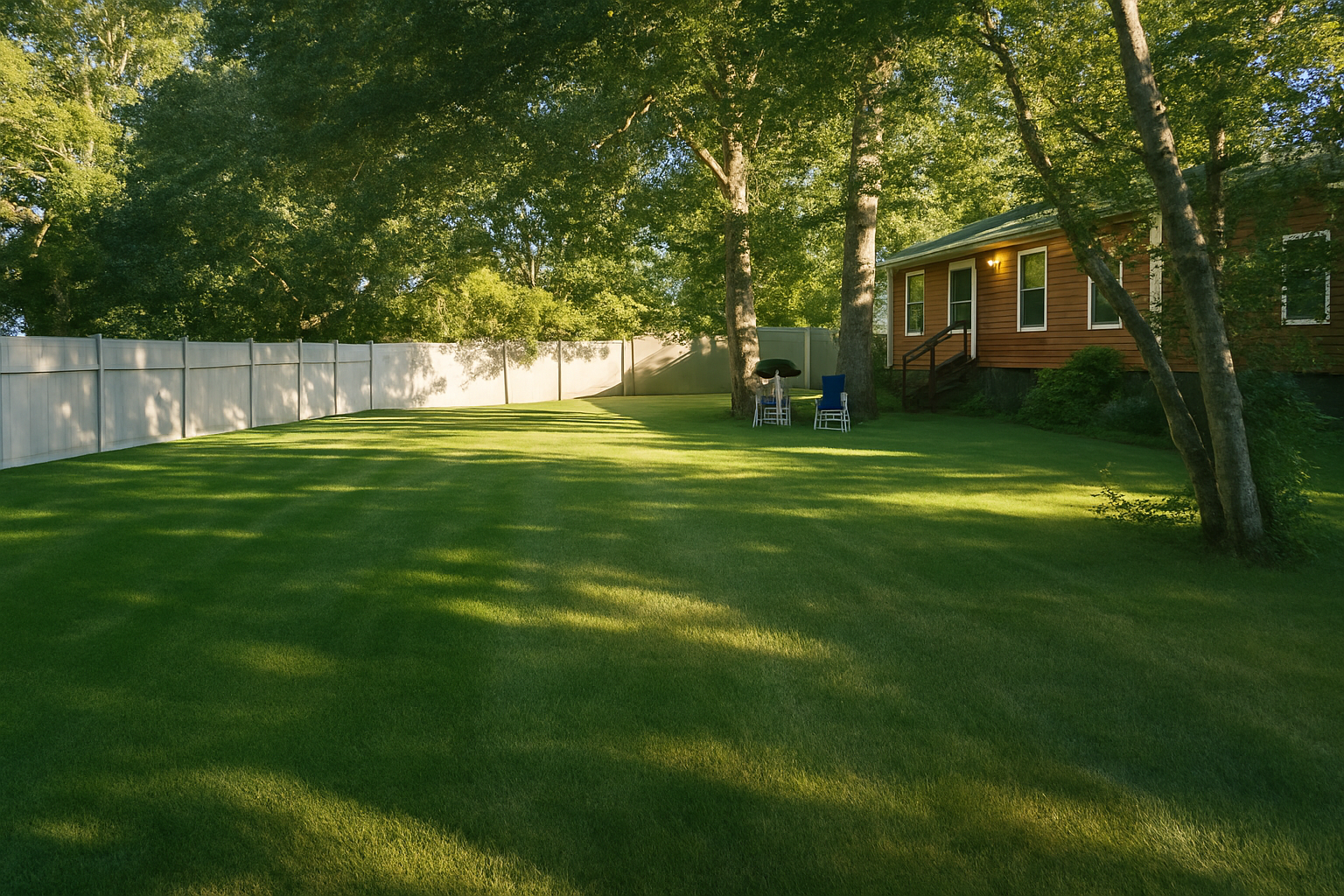 Spacious backyard with green lawn and privacy fencing